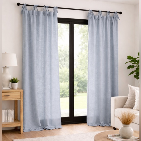 Pottery Barn Solid Dusty Blue 100% Linen Tied Ring Set of 2 Curtains 54”x84”